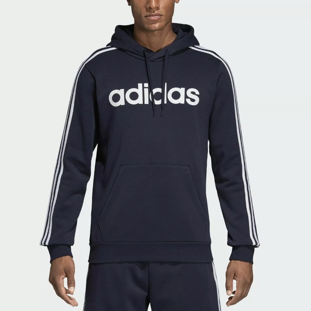 Adidas Essentials 3 Stripe Hooded Pullover Fleece Sweatshirt Navy White L NWT